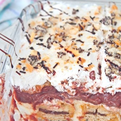 Close up image of a baking dish filled with chocolate lasagna recipe