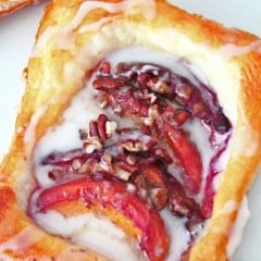 Image of peach pastry made with fresh peaches, pecans and puff pastry
