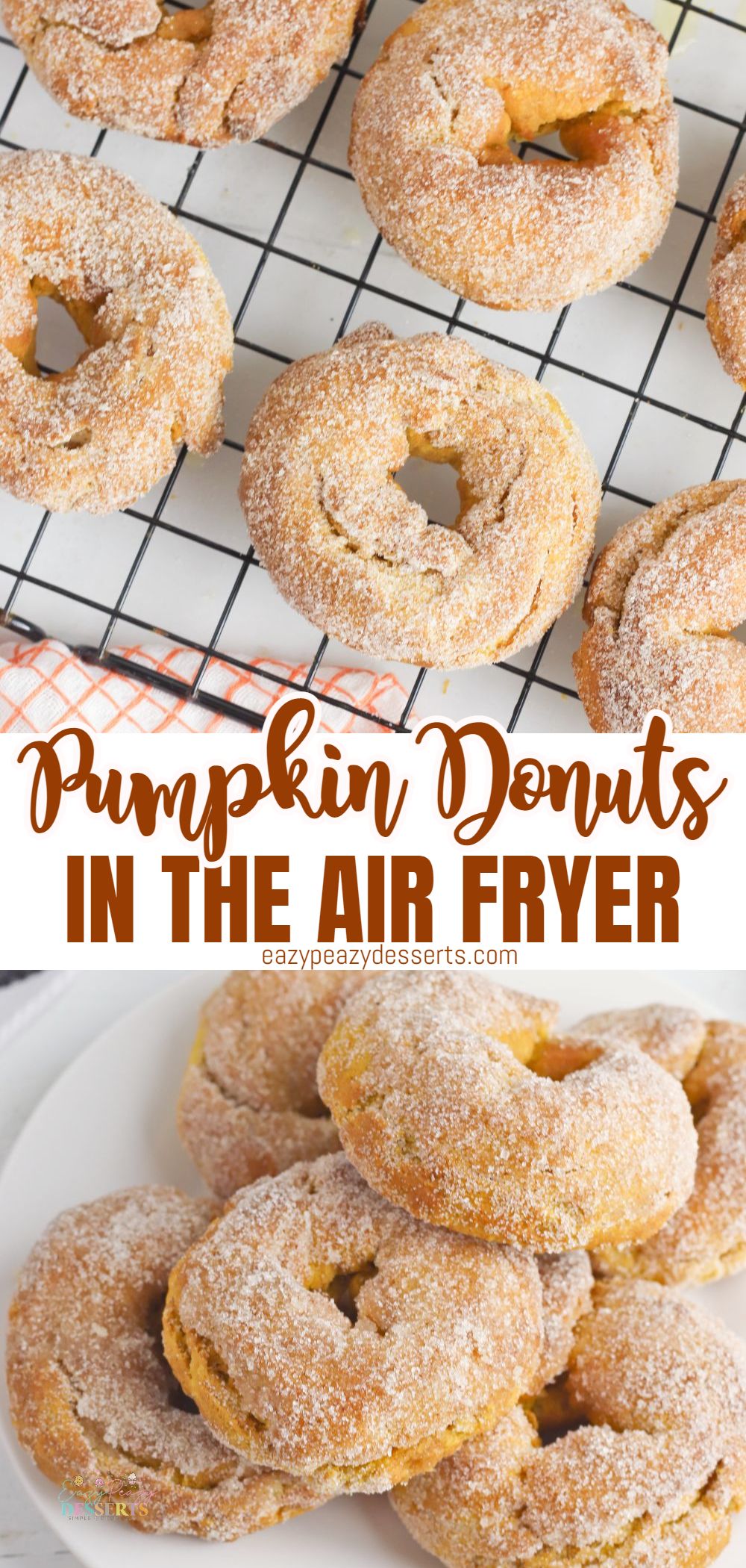 Photo collage of pumpkin donuts made in the air fryer