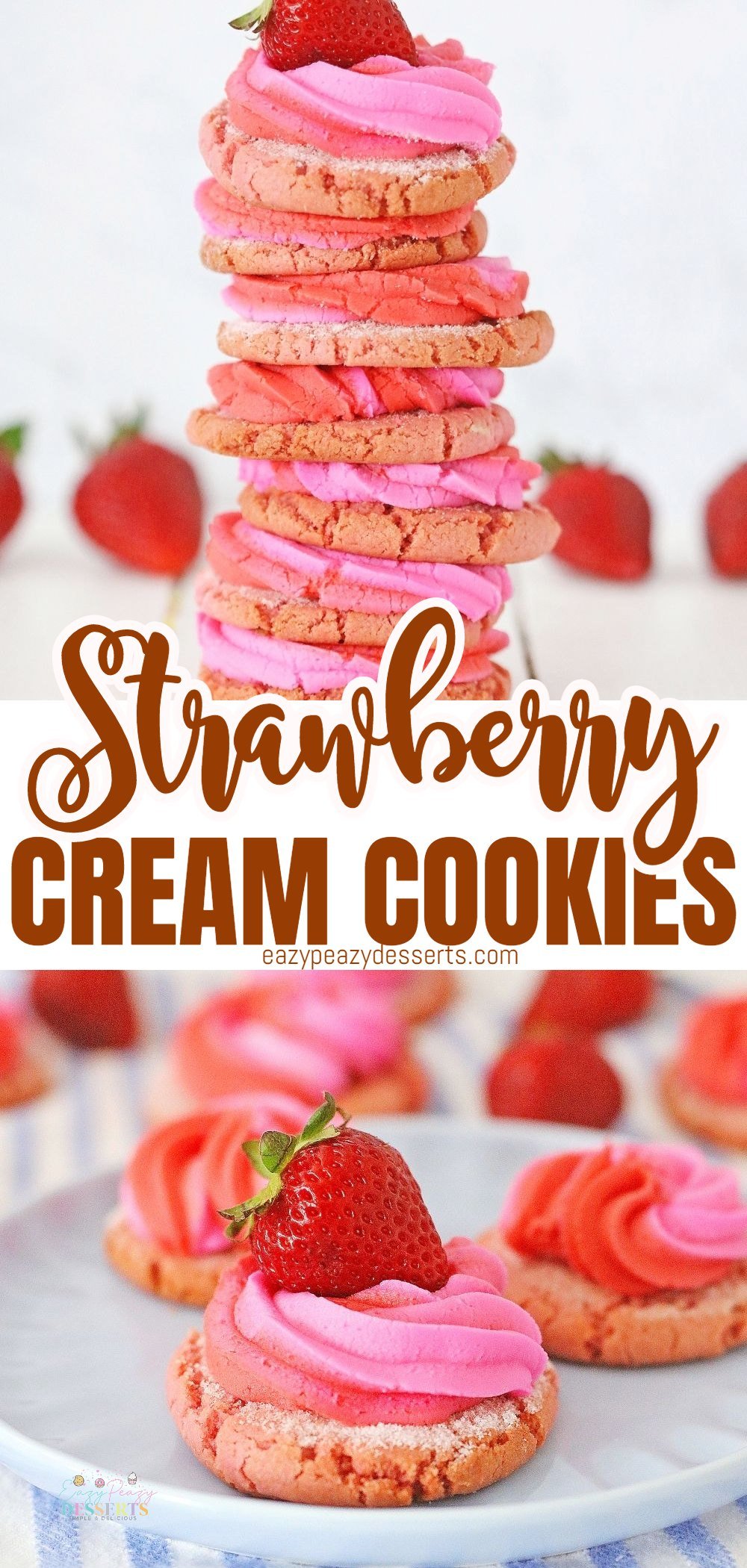 Photo collage of strawberry cookies with cream cheese filling, displayed as a stack and on a serving plate