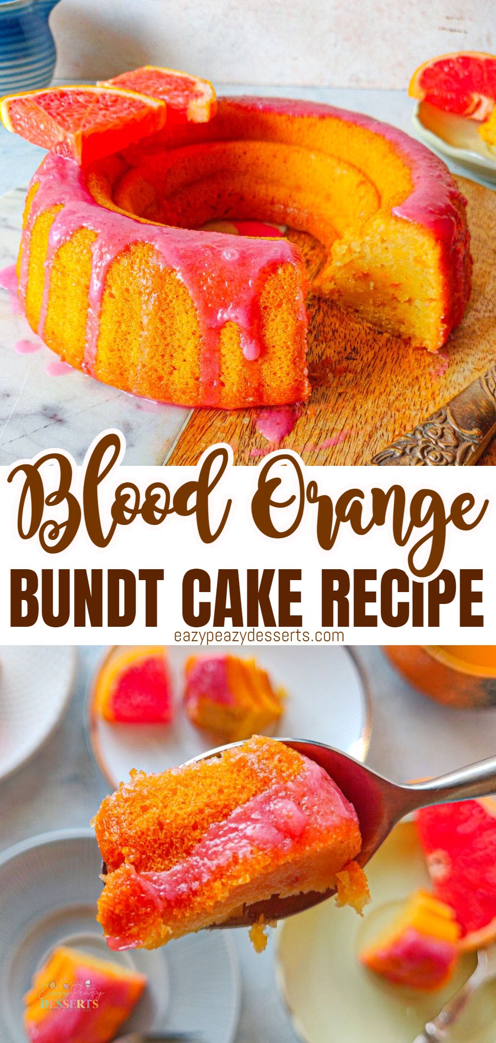 Photo collage of blood orange cake baked in a bundt pan