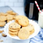 Image of air fryer chocolate chip cookies in a dessert plate, photographed from front view