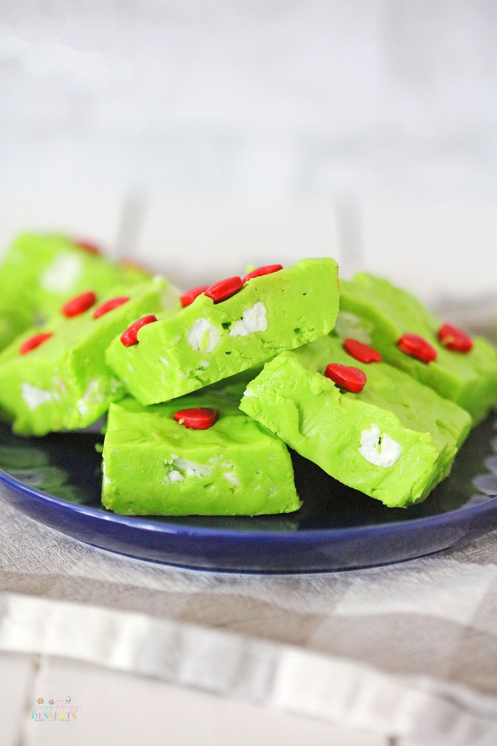 Image of green fudge for Christmas, with red hearts and white marshmallows