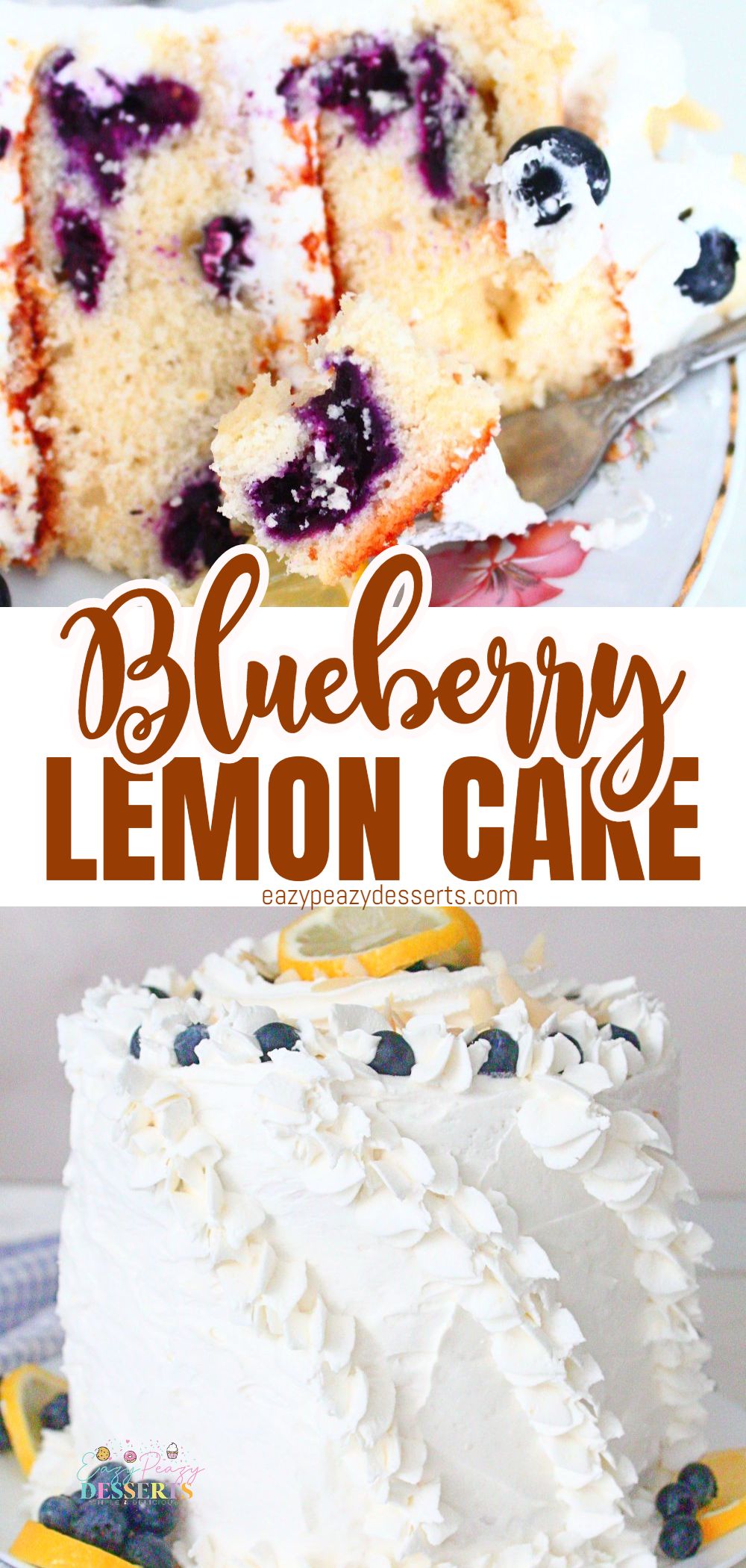 Photo collage of blueberry lemon cake, on a cake stand and a close up of a bite