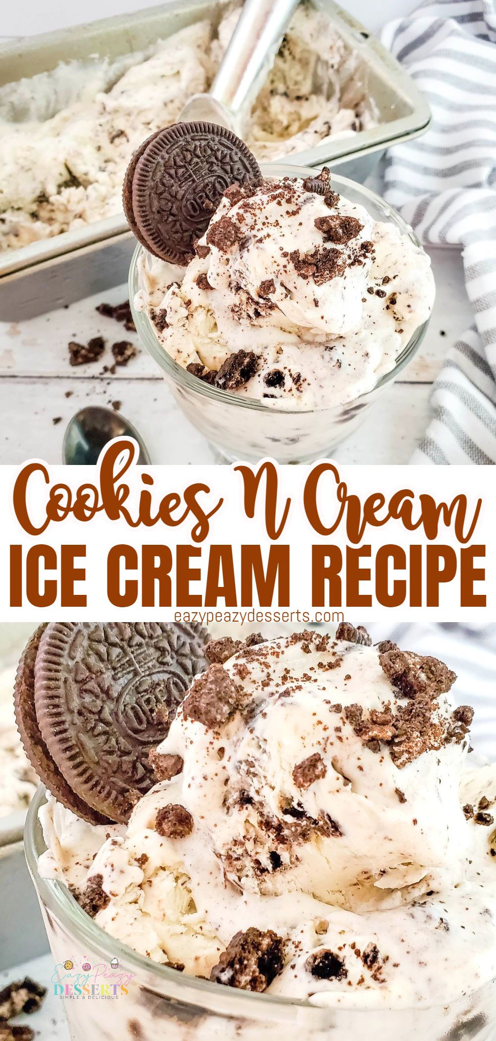 Photo collage of cookies and cream ice cream in ice cream serving cups