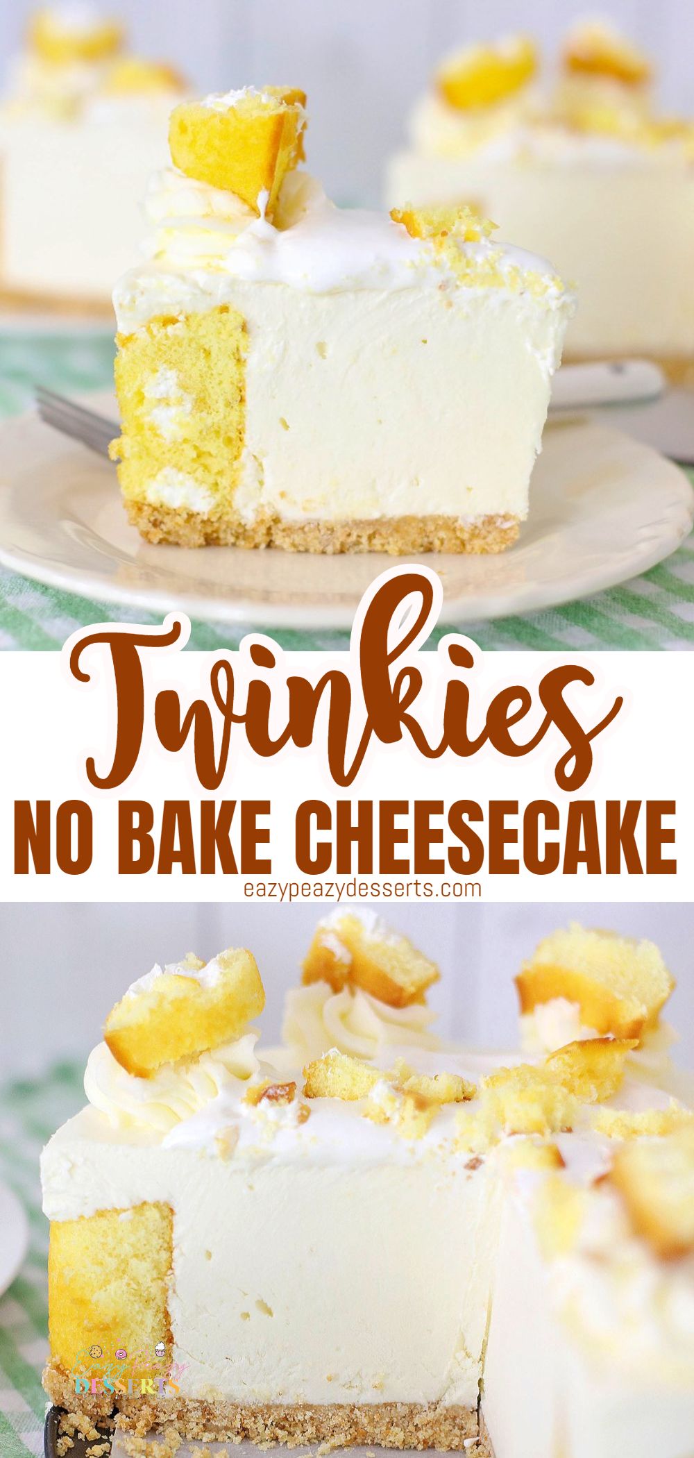 Photo collage of no bake cheesecake with Twinkies