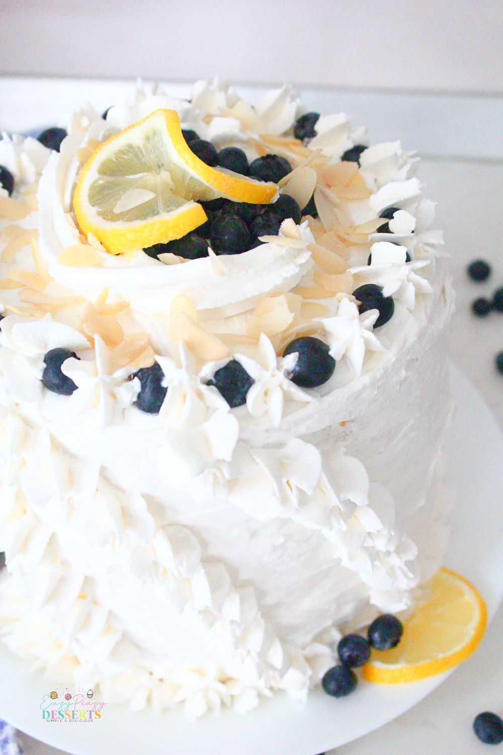 Close up image of a simple lemon blueberry cake