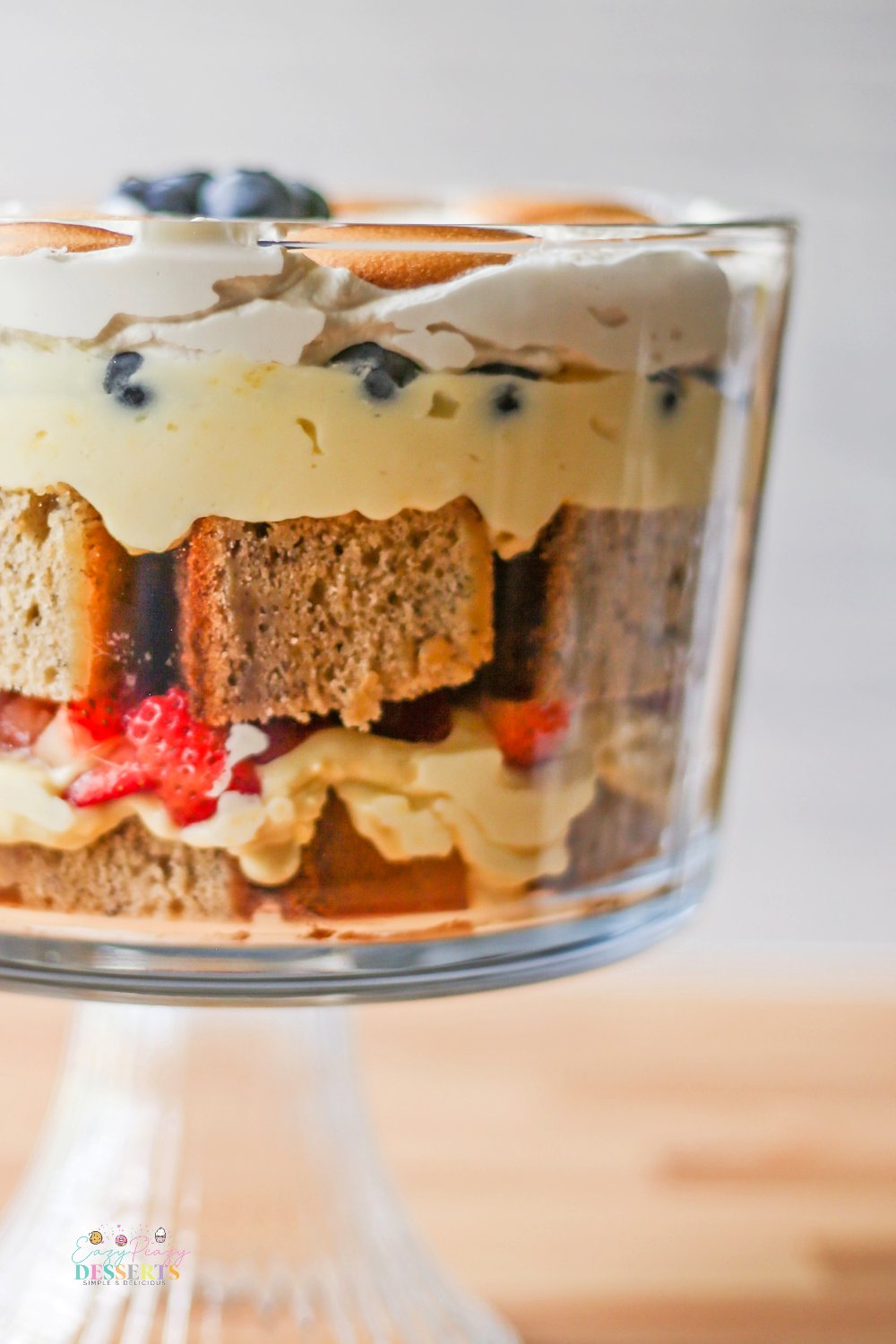 Close up image of banana bread trifle in a trifle bowl