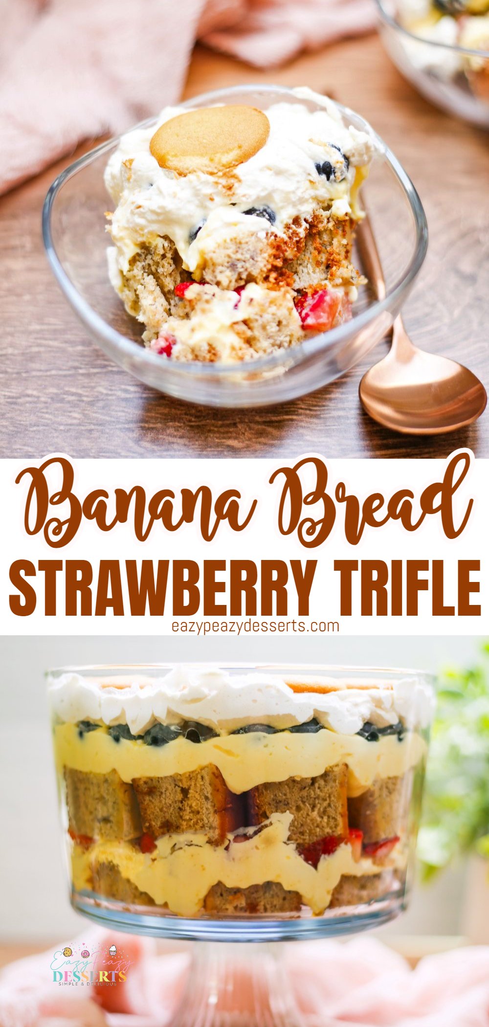 Photo collage of banana trifle made with banana bread, strawberry and blueberry