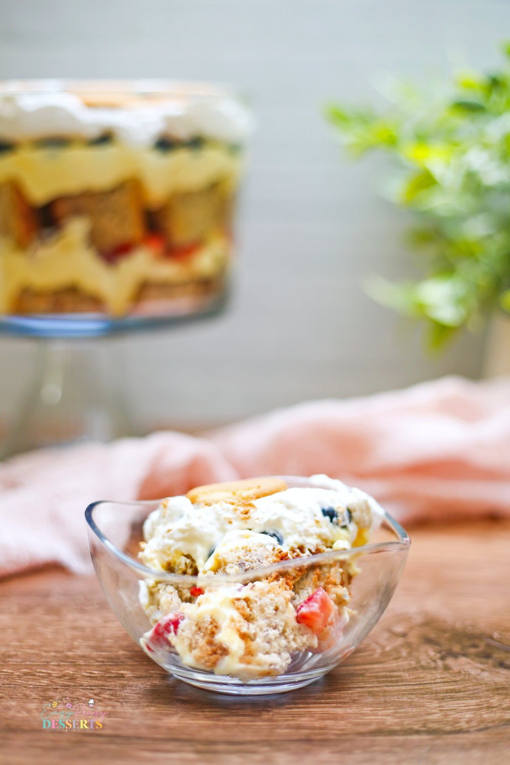 Close up image of cake trifle made with banana cake trifle, strawberry and blueberry