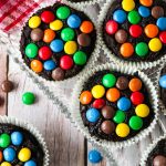 Over head image of chocolate cupcakes with M&M's