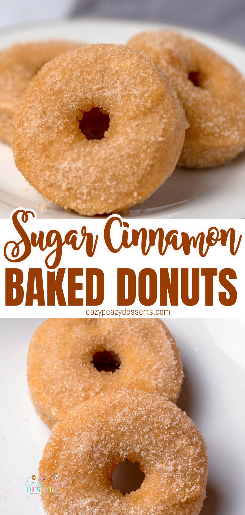 Photo collage of vegan baked cinnamon donuts dipped in sugar