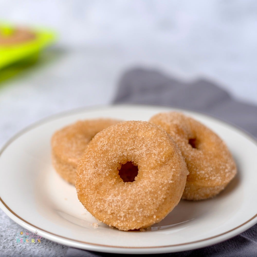 Image of three cinnamon sugar donuts on a dessert plate