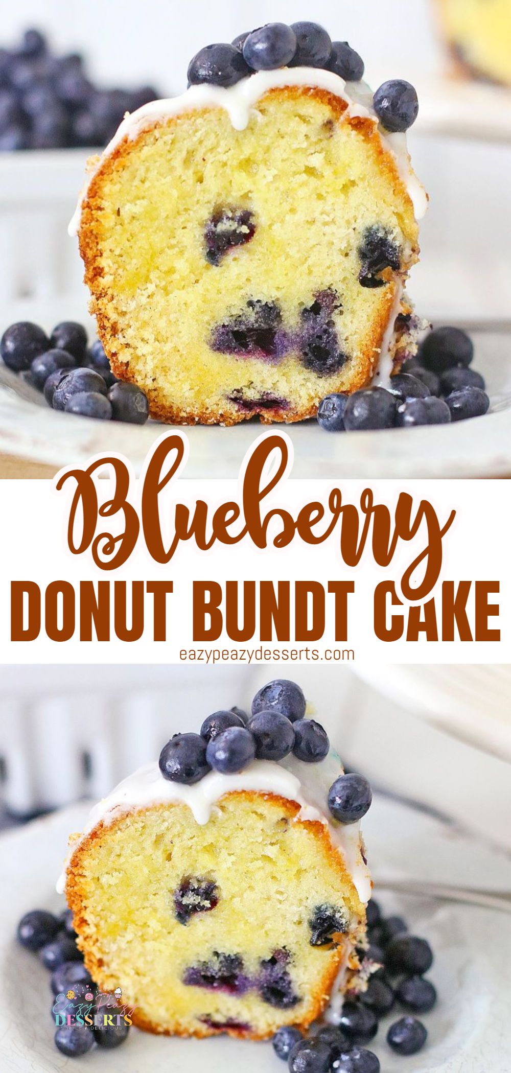 Photo collage of donut cake with blueberries baked in a Bundt pan