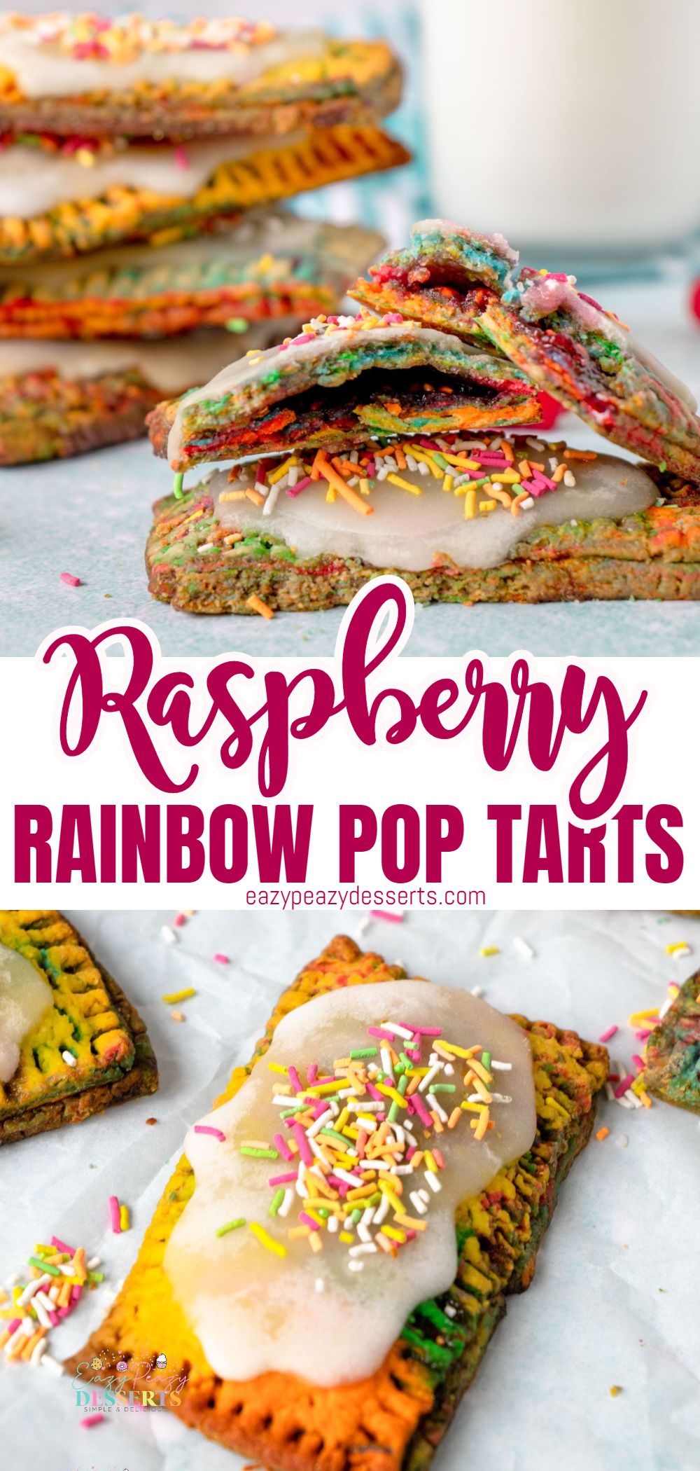 Photo collage of rainbow homemade pop tarts with raspberry jam