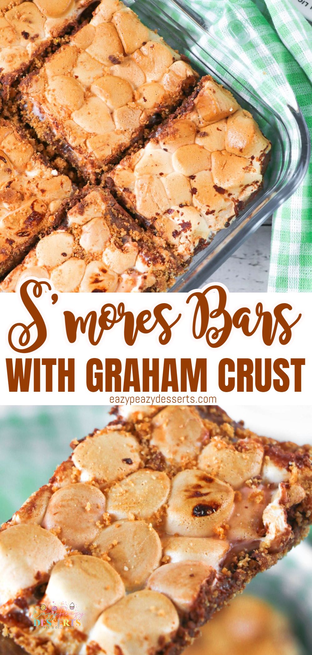 Photo collage of s'mores bars with chocolate and graham cracker crust