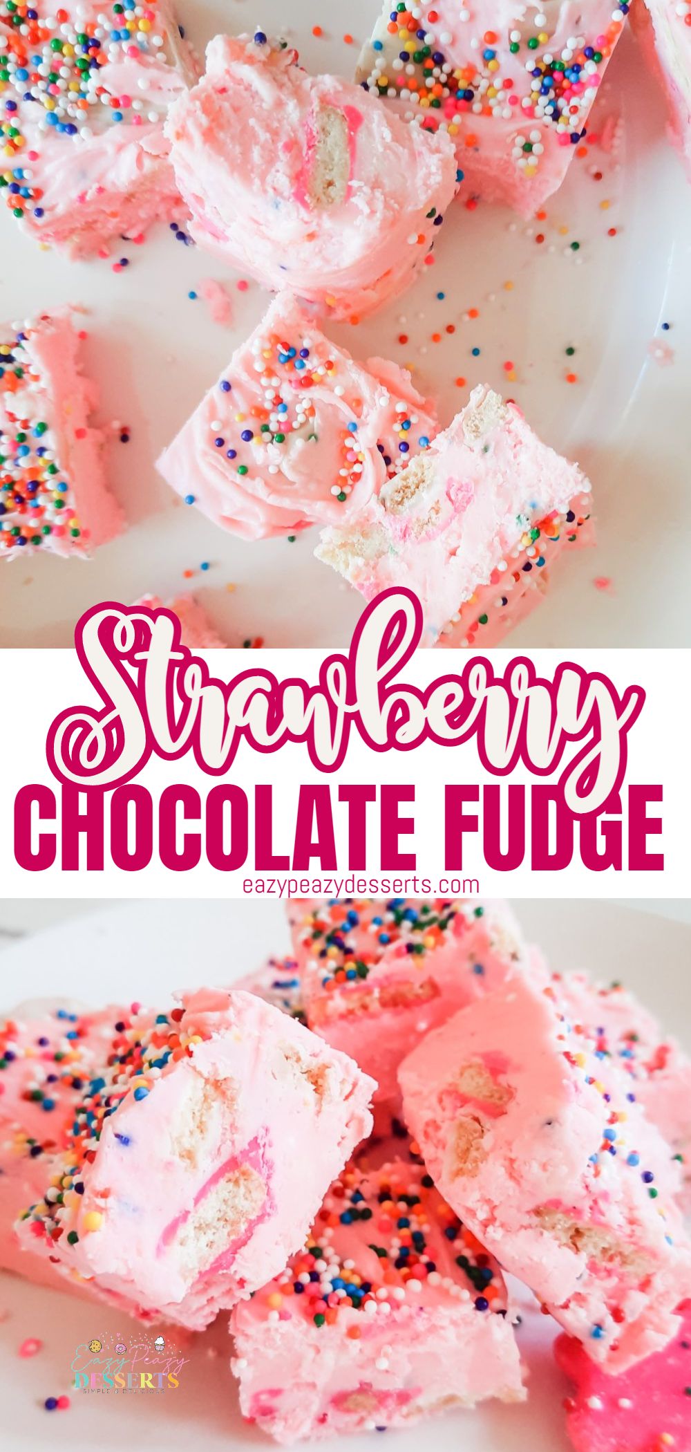 Photo collage of strawberry fudge with sprinkles and circus cookies