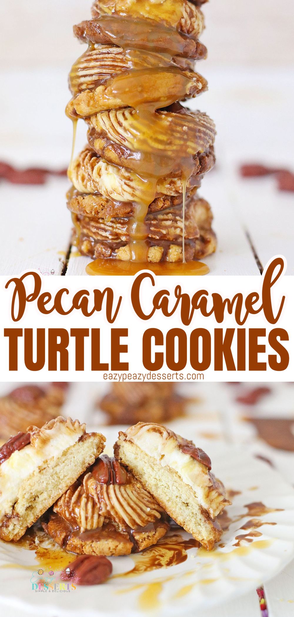 Photo collage of turtle cookies with pecan, caramel and chocolate