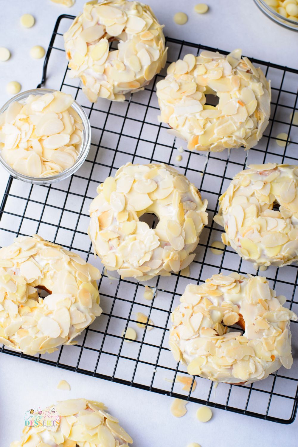 Over head image of yeast donuts with white chocolate glaze