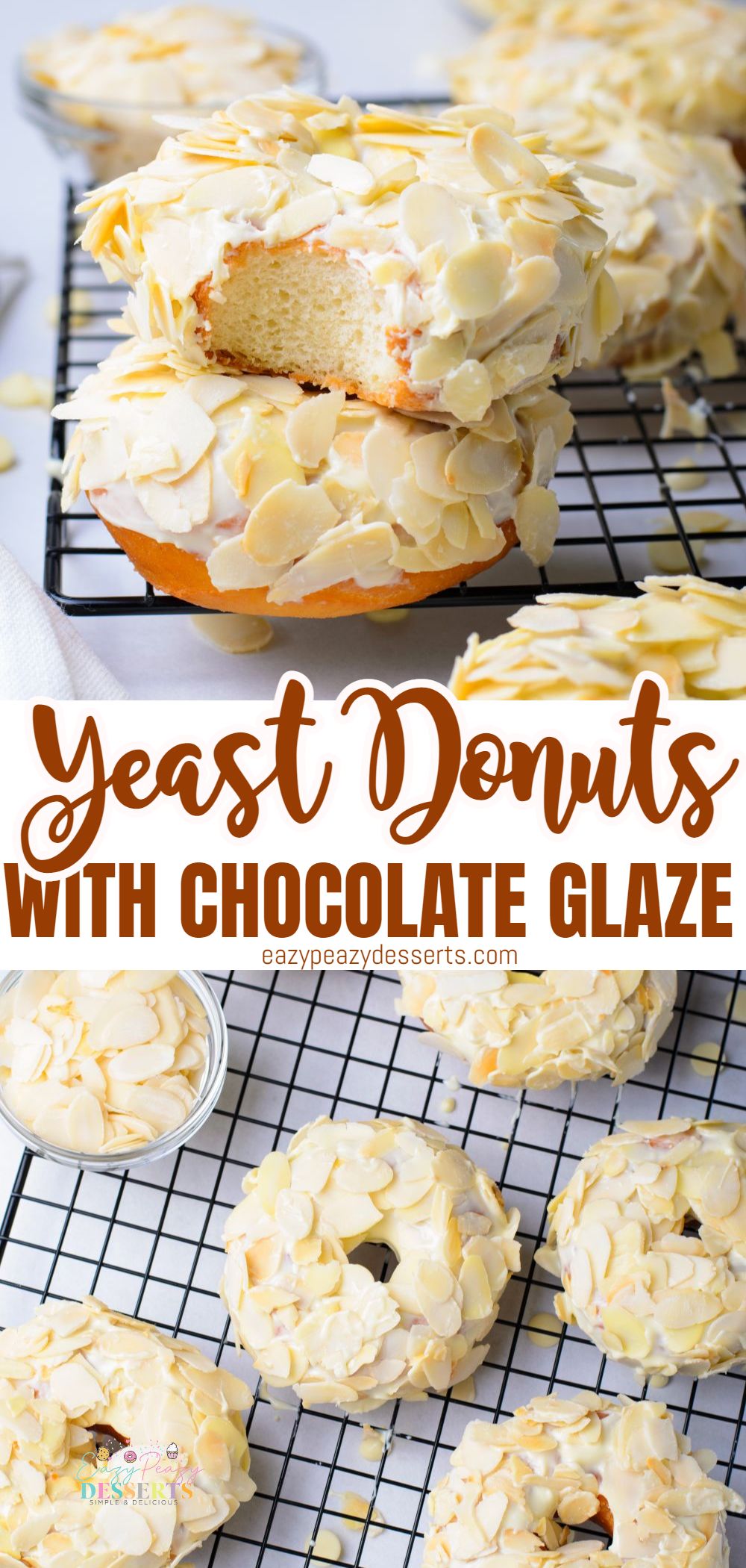 Photo collage of yeast donuts covered in white chocolate glaze and shaved almonds