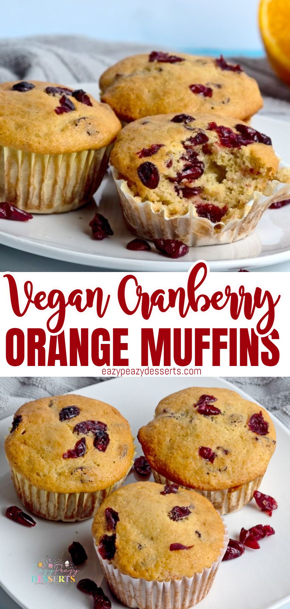 Photo collage of vegan orange cranberry muffins