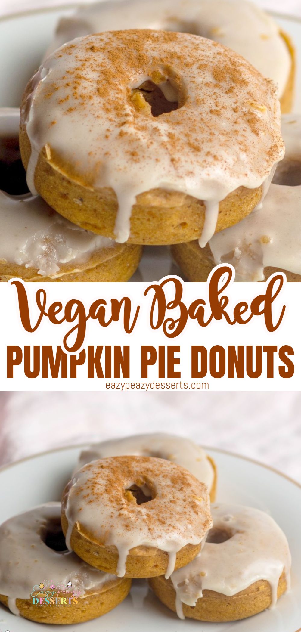 Photo collage of vegan baked donuts with pumpkin and maple glaze