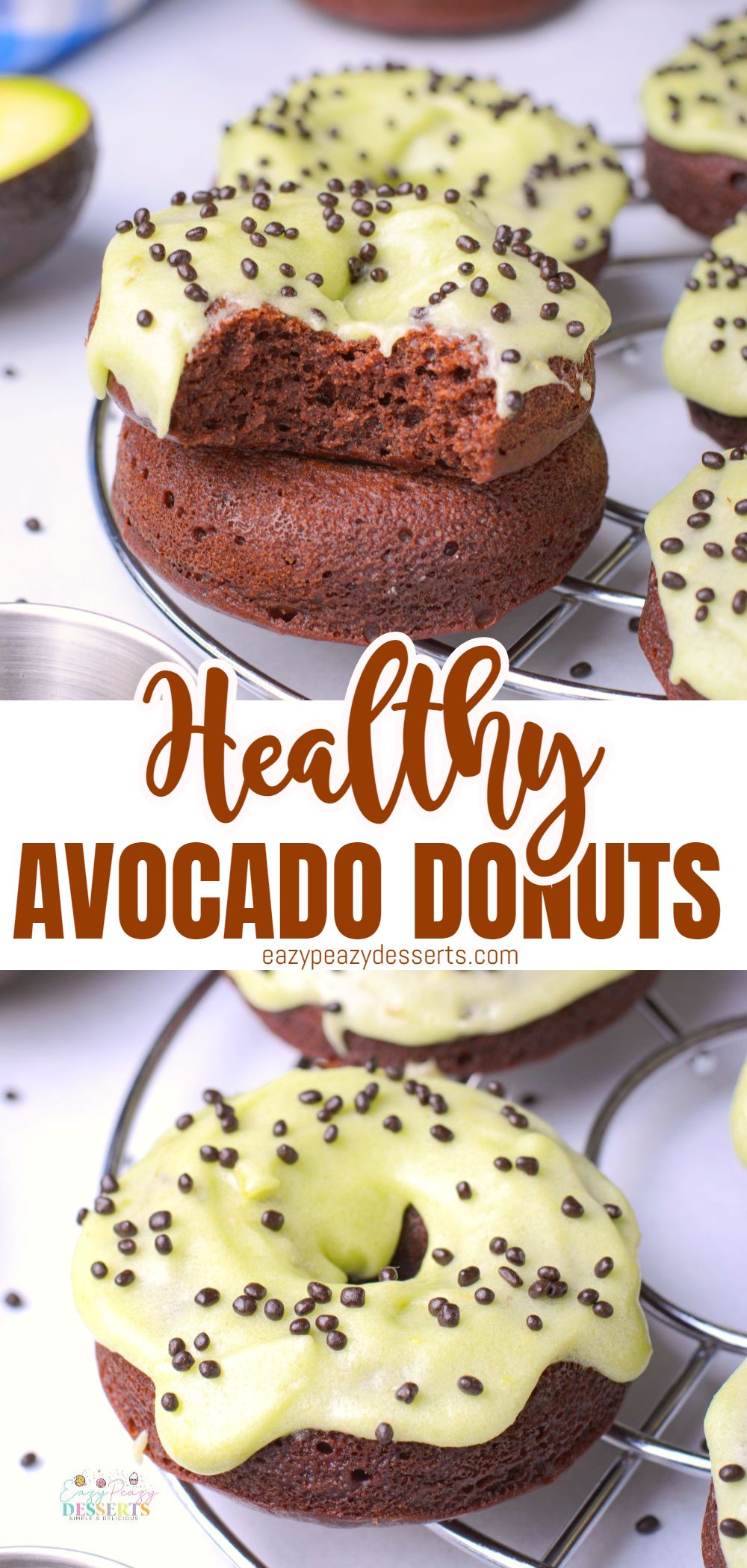 Photo collage of chocolate avocado donuts with avocado glaze