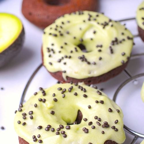 Close up image of healthy donuts with avocado glaze
