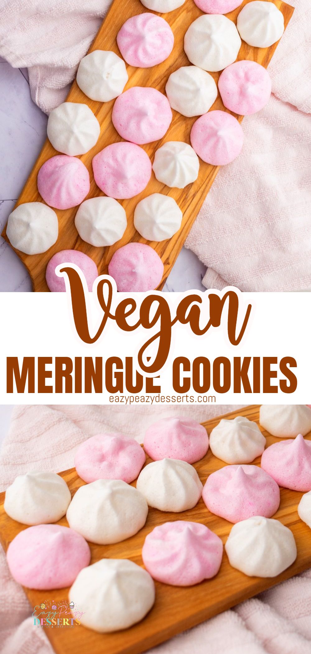 Photo collage of vegan meringues in pink and white colors