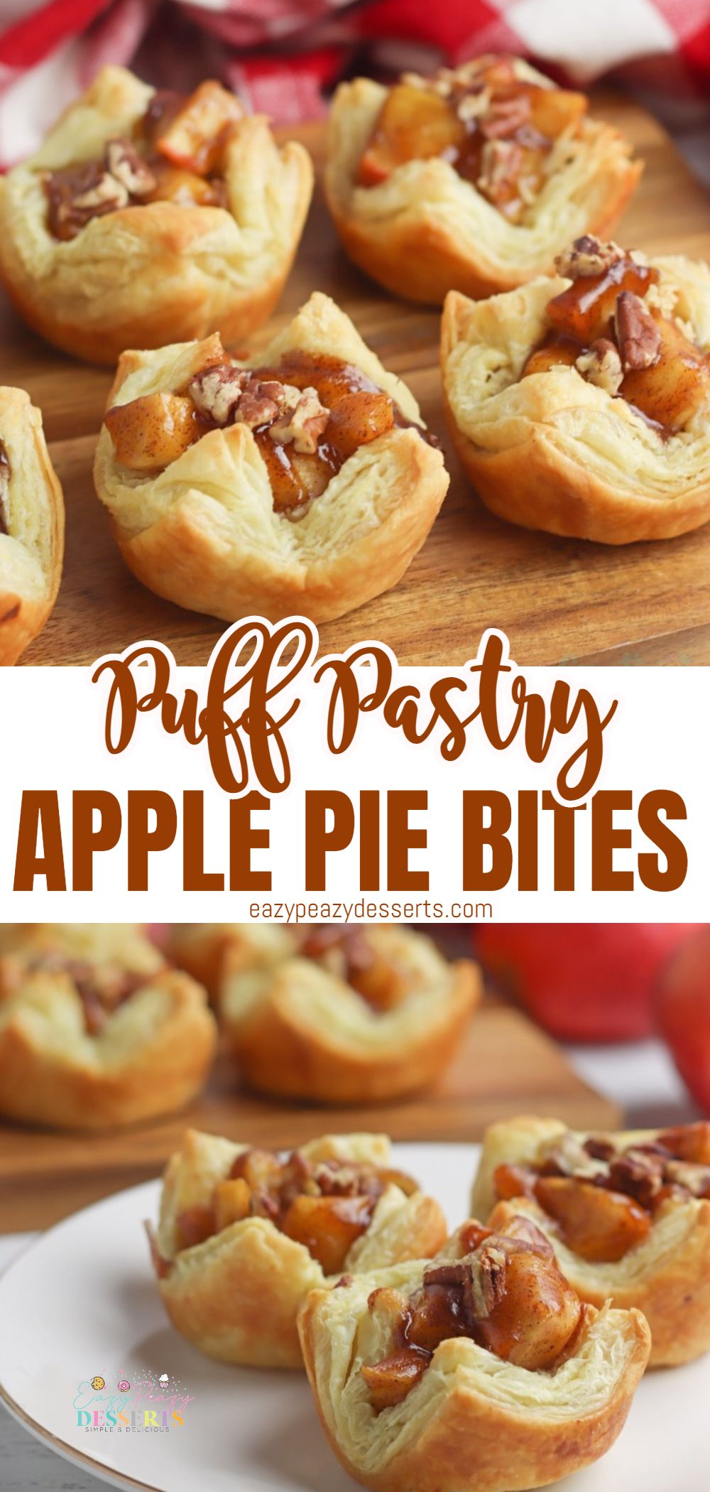 Photo collage of apple pie bites in puff pastry cups