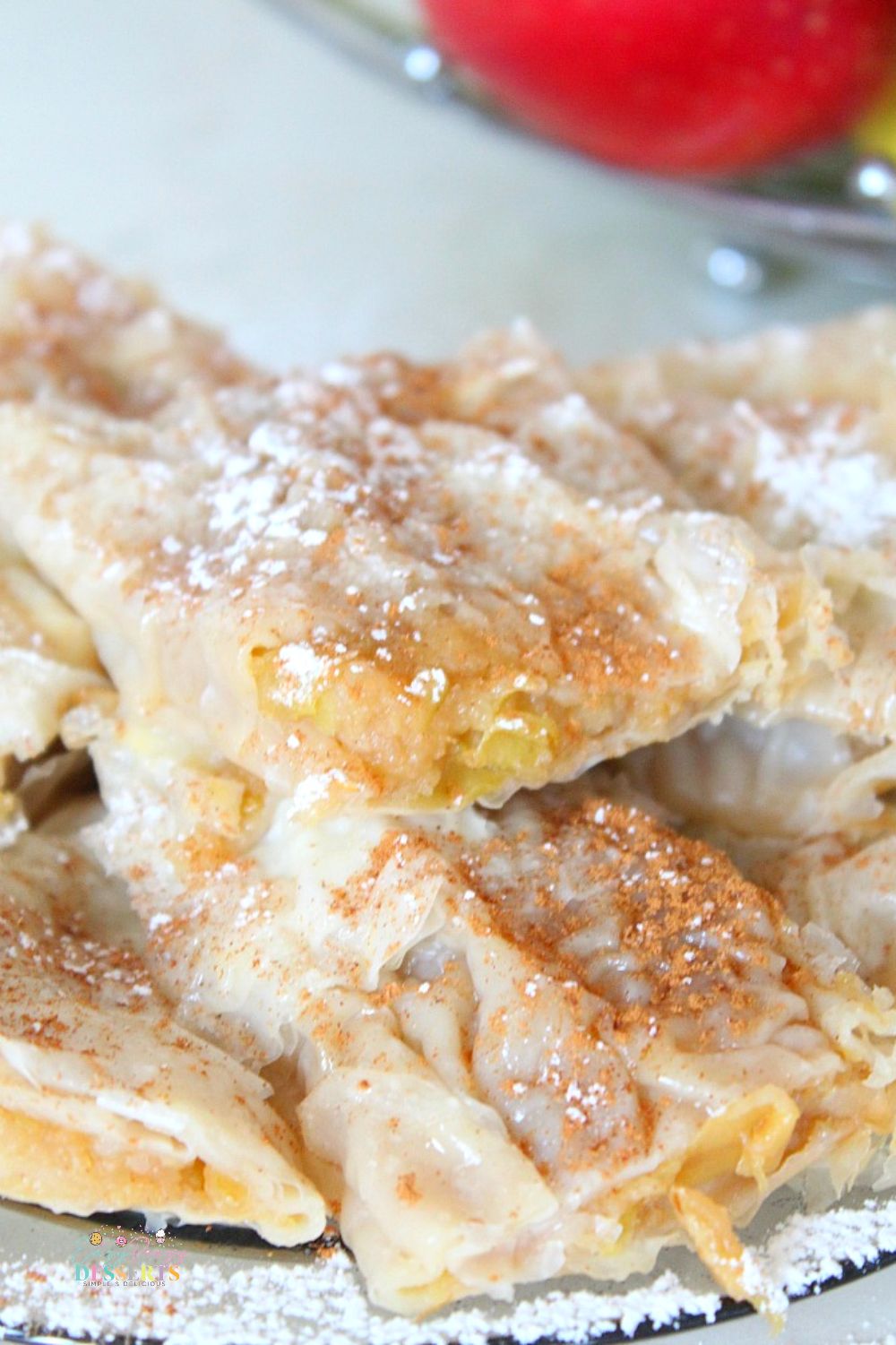 Close up image of apple pie with filo pastry