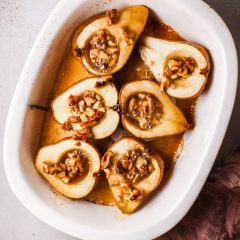 Over head image of baked pears dessert in a baking dish