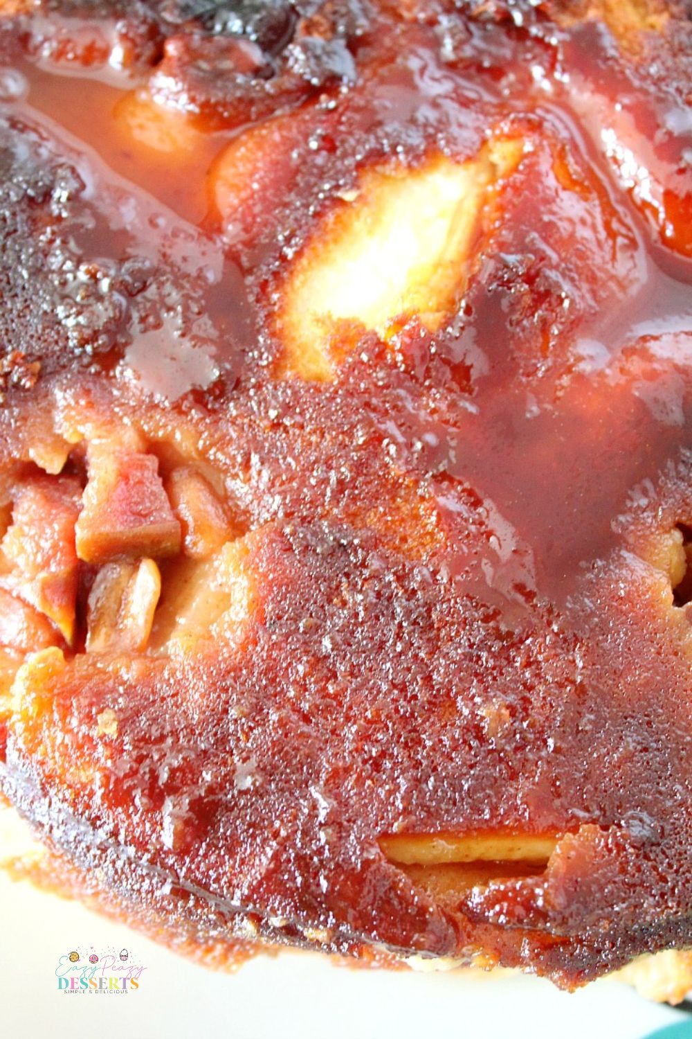 Over head image of a caramel apple upside down cake