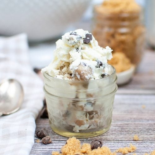 Couple of scoops of chocolate chip cookie dough ice cream in a jar