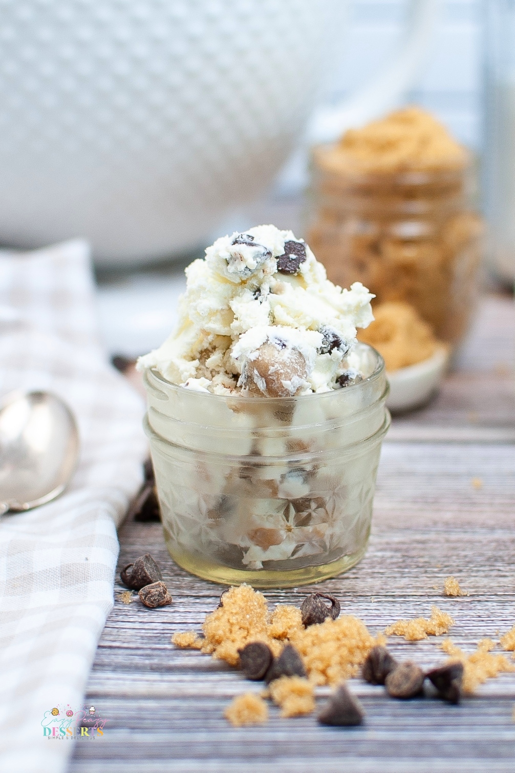 Couple of scoops of chocolate chip cookie dough ice cream in a jar