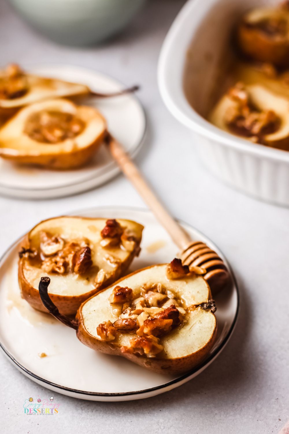 Cinnamon baked pears in a dessert plate