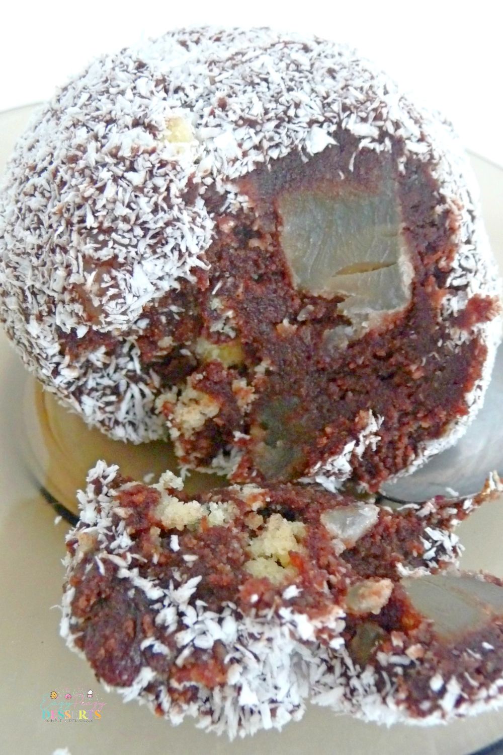 Close up image of the inside of a chocolate cookie ball
