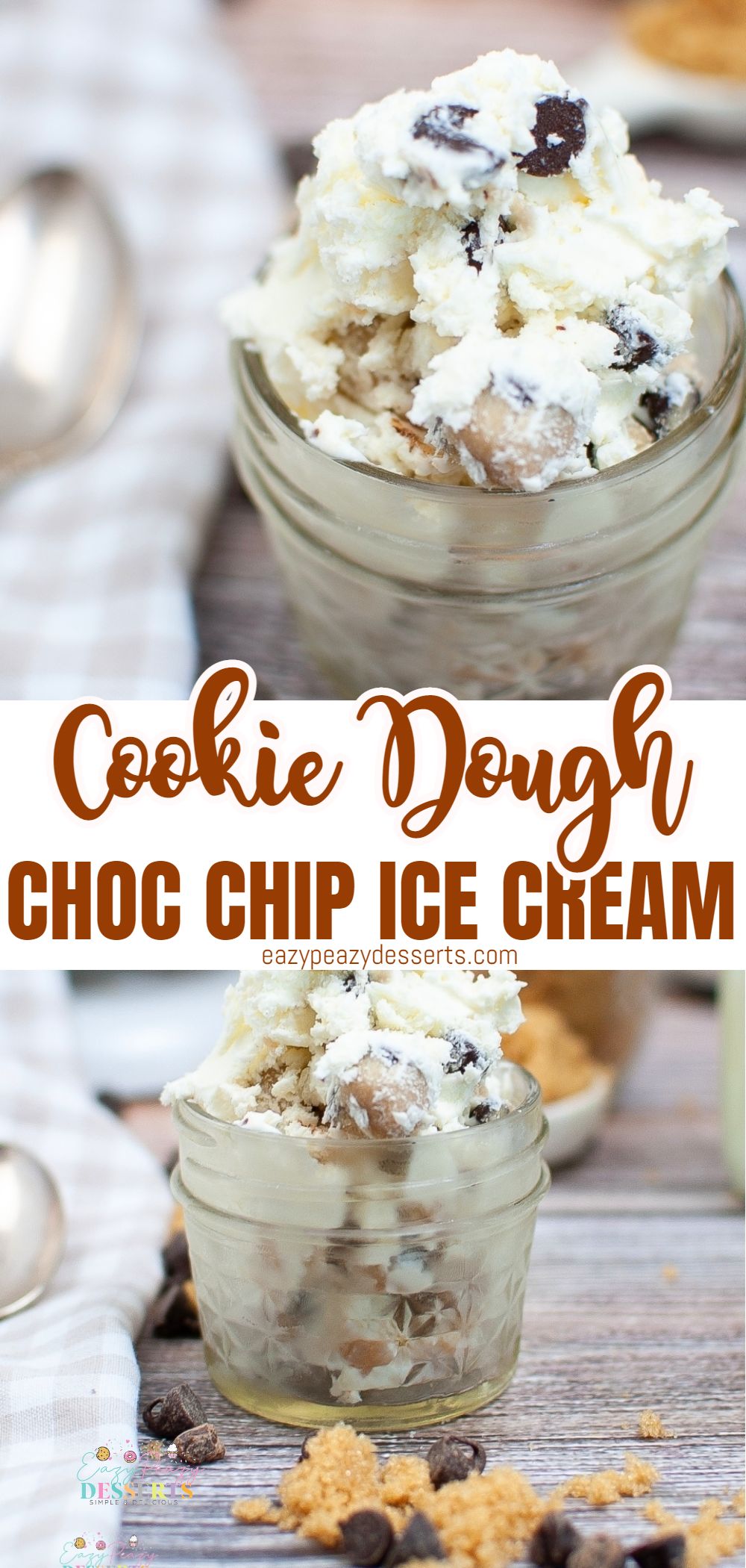 Photo collage of cookie dough ice cream on jars
