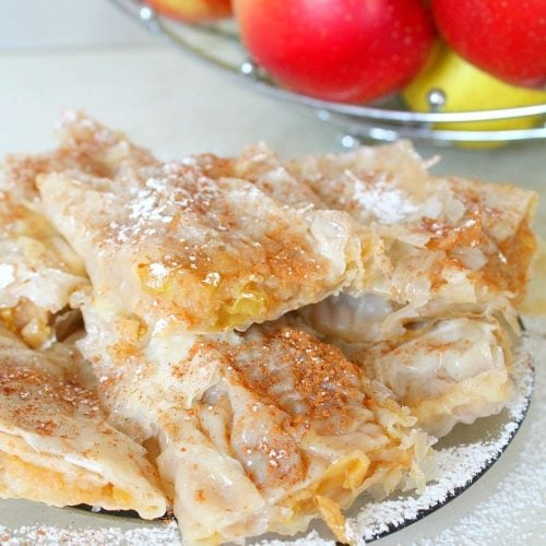 A few squares of filo apple pie on a plate