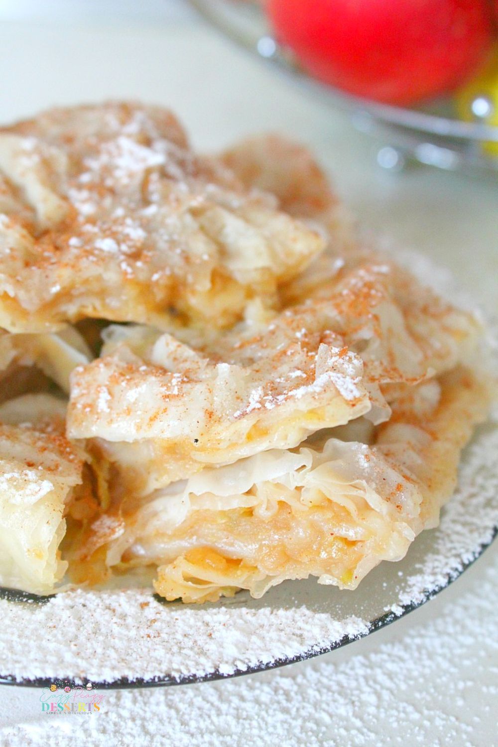 Close up image of filo pastry pie with apple filling
