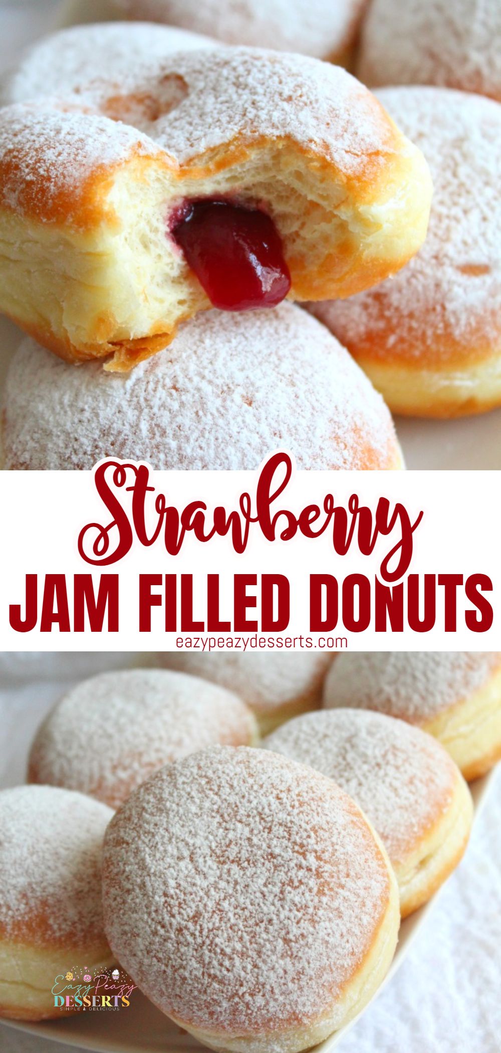 Photo collage of jam donuts filled with homemade strawberry jam