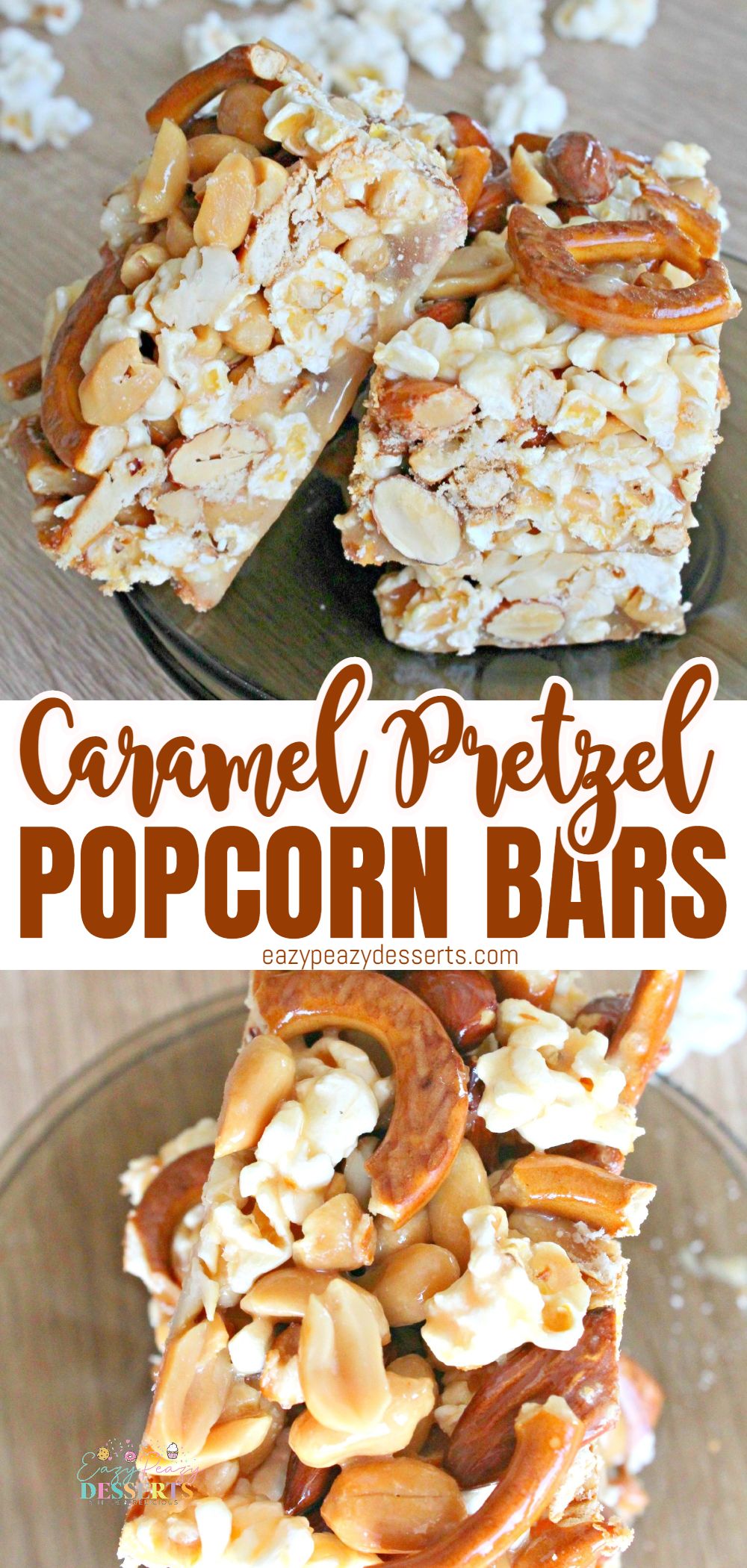 Photo collage of popcorn bars with caramel, pretzel and mixed nuts