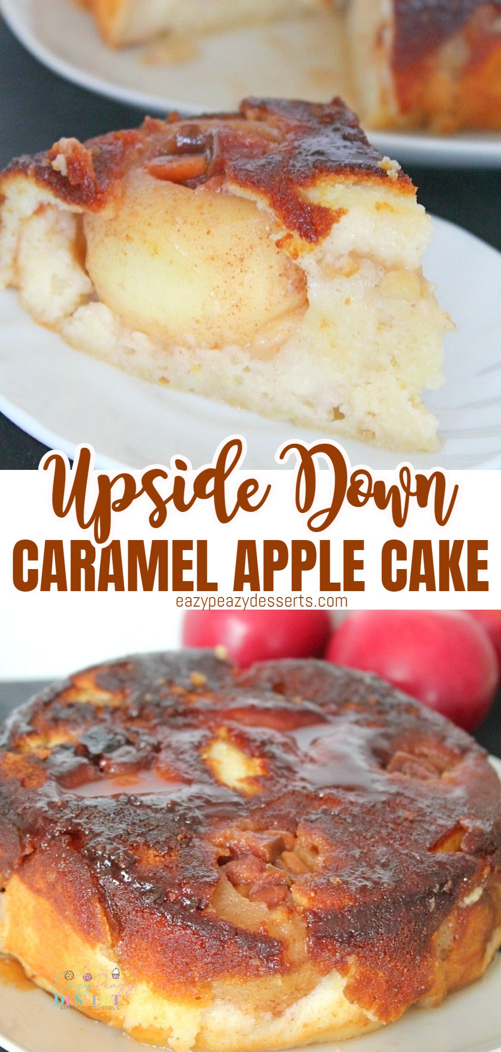 Photo collage of upside down apple cake