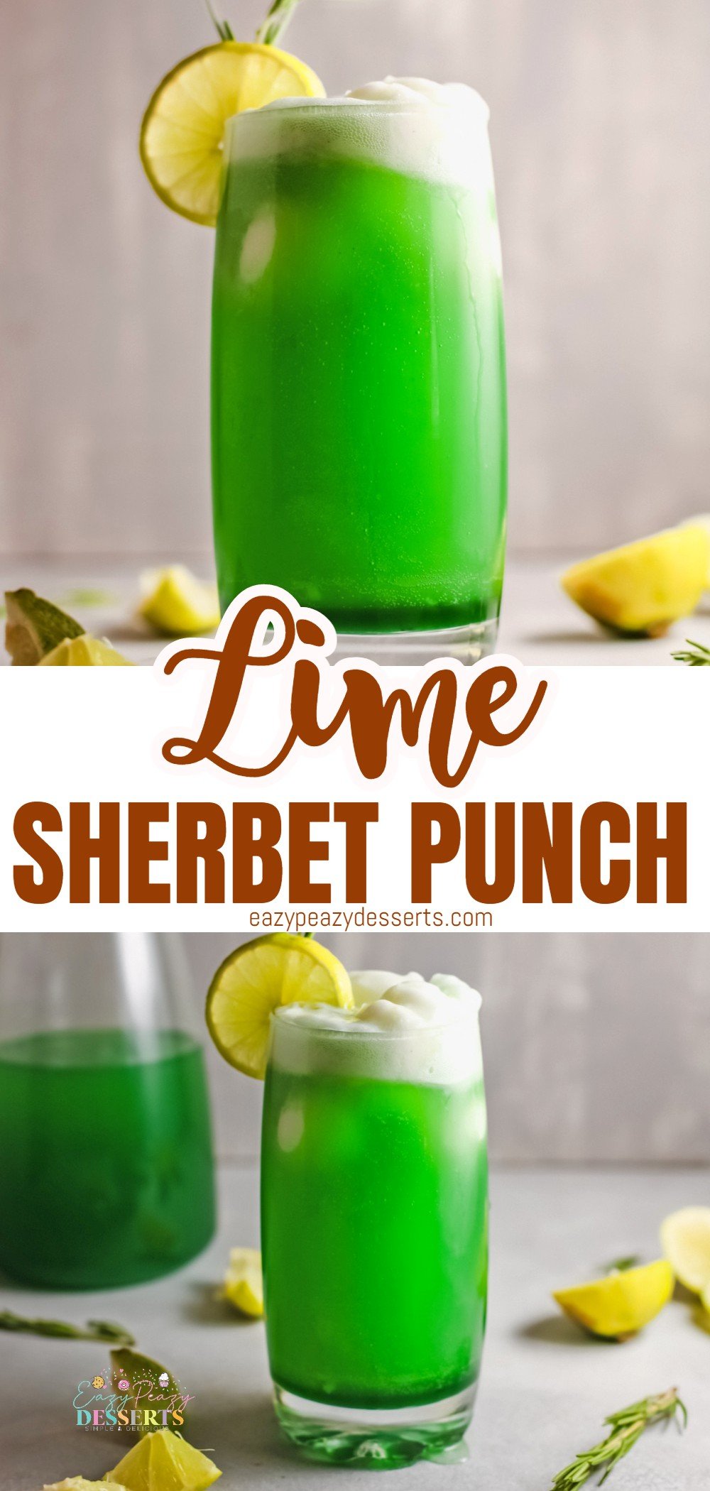 Photo collage of a glass of green lime sherbet punch decorate with limes, lemons and rosemary