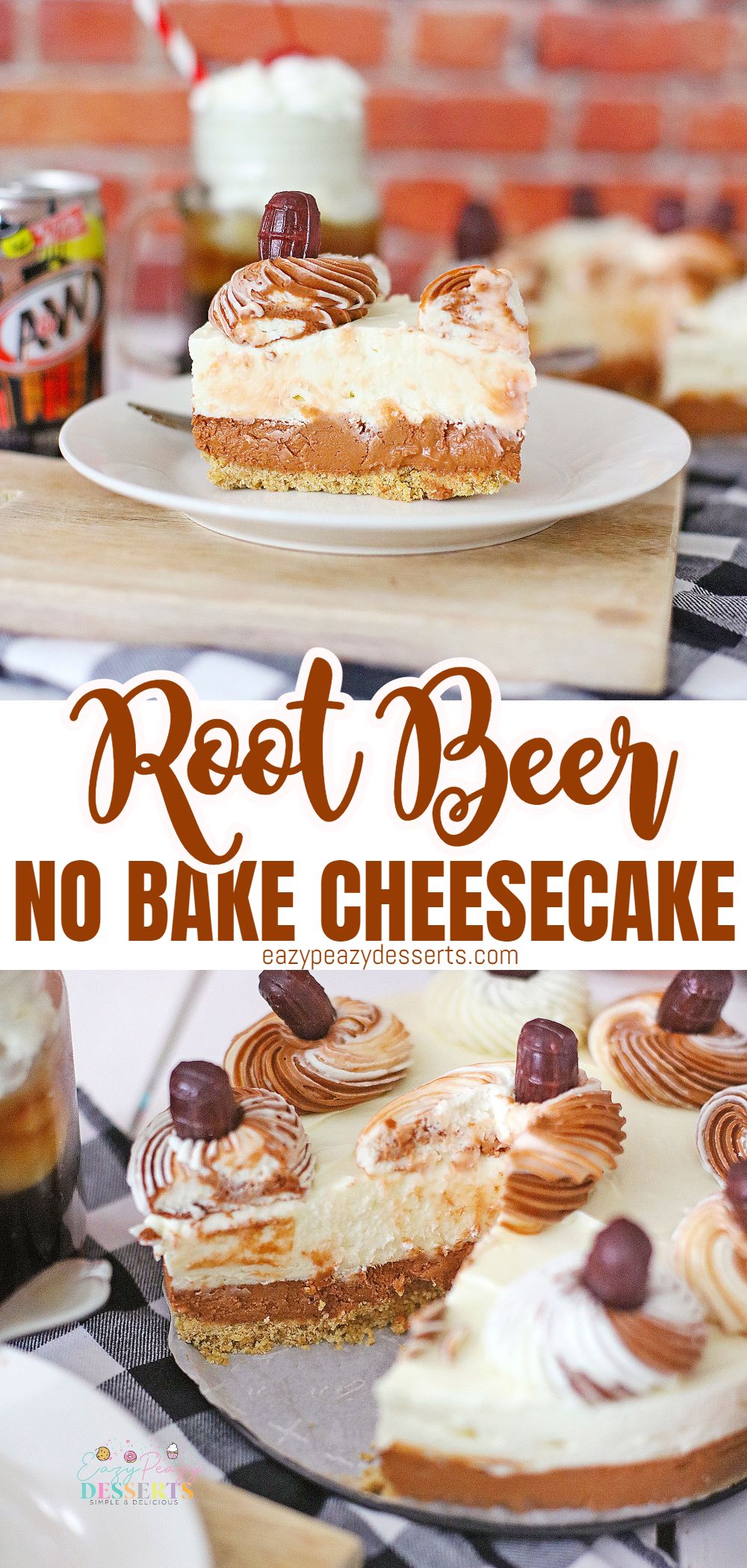 Photo collage of root beer cheesecake