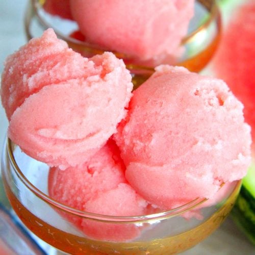 A few scoops of watermelon sorbet recipe in an ice cream cups