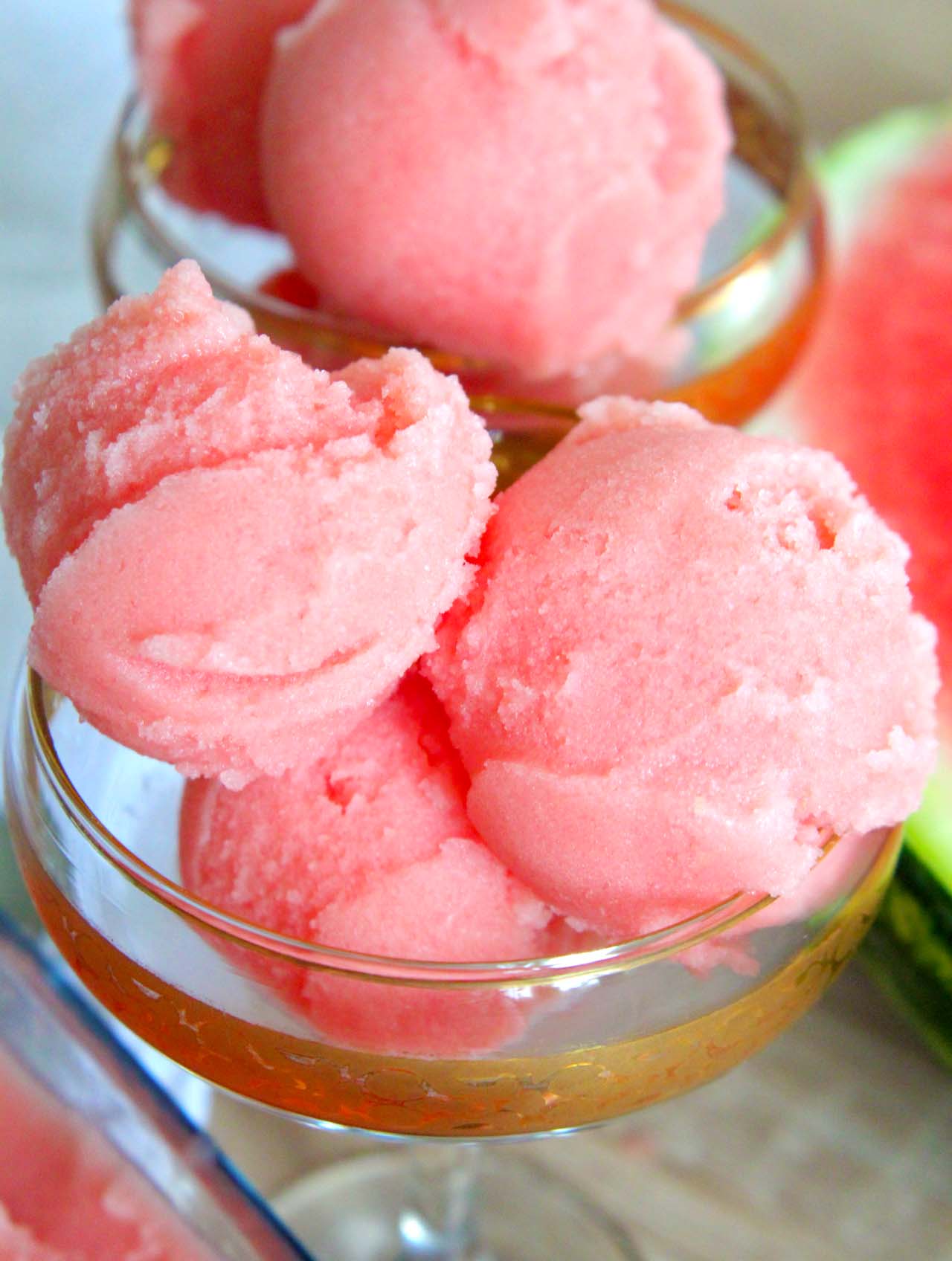 A few scoops of watermelon sorbet recipe in an ice cream cups