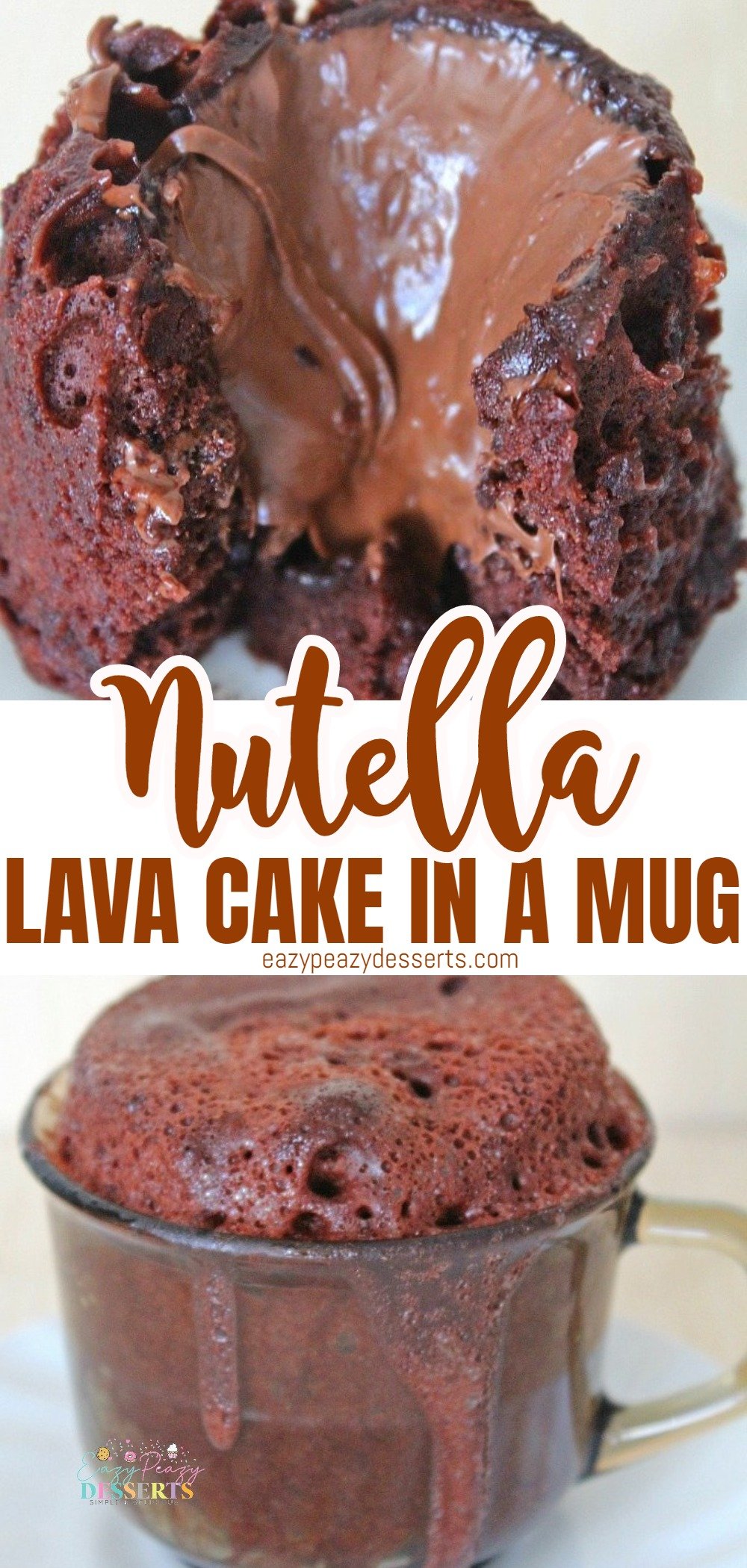Photo collage of lava cake in a mug with Nutella