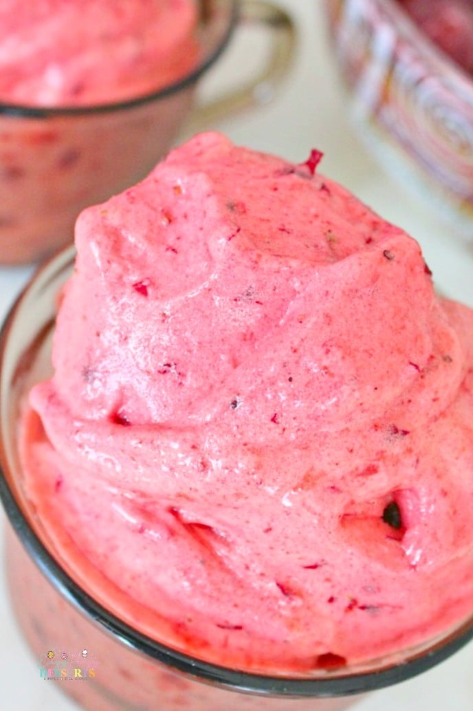 Close up image of dairy free and egg free ice cream with frozen fruit
