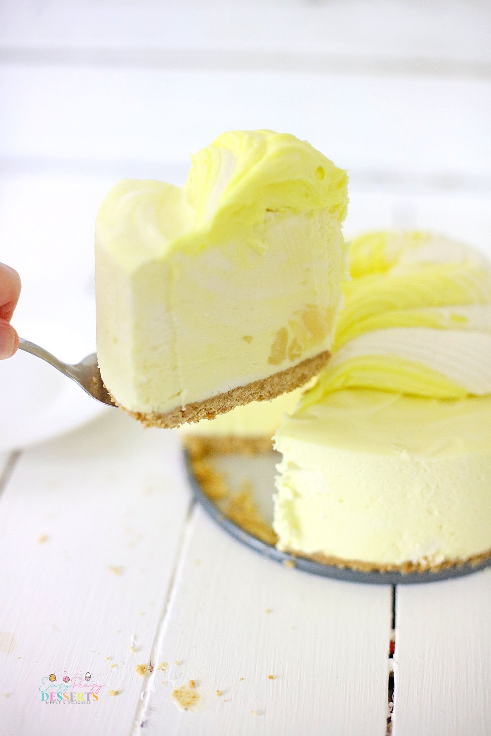 A slice of no bake pineapple cheesecake